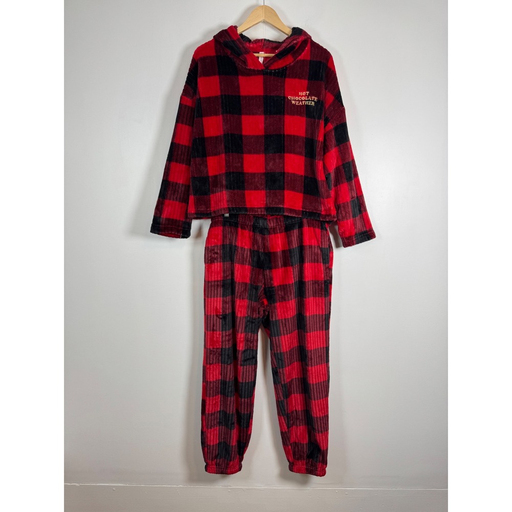 Cozy Cabin Joyspun Women L Pajama Set Red Black Buffalo Plaid Hooded Fleece